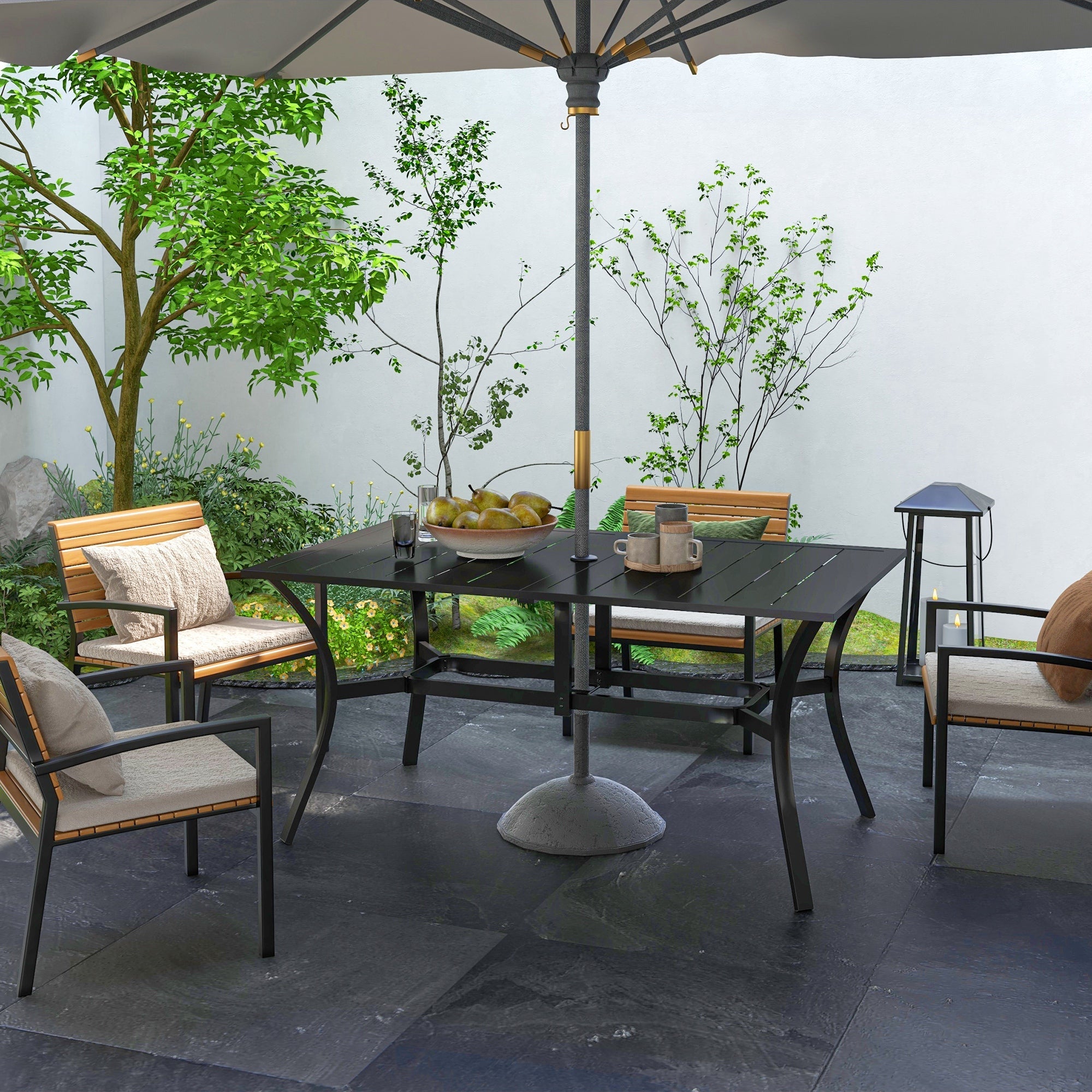 Outsunny Rectangle Garden Dining Table with Parasol Hole, Patio Table with Steel Frame and Slat Tabletop, 150cm x 90cm, Black 