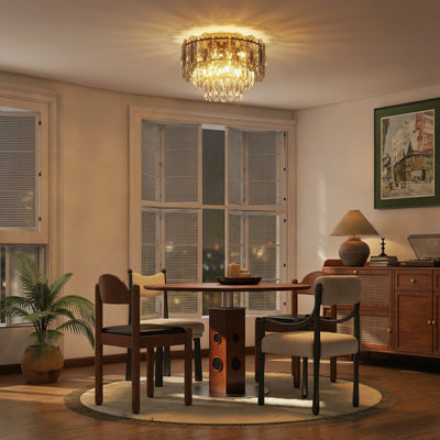 HOMCOM Chandelier Ceiling Light, 3-Light Flush Mount Fixture with Dual Crystal and Smoke Glass Shade, 40 cm LED Ceiling Light for Living Room Bedroom, 3 E14 Sockets, Bulbs Not Included, Gold Tone 