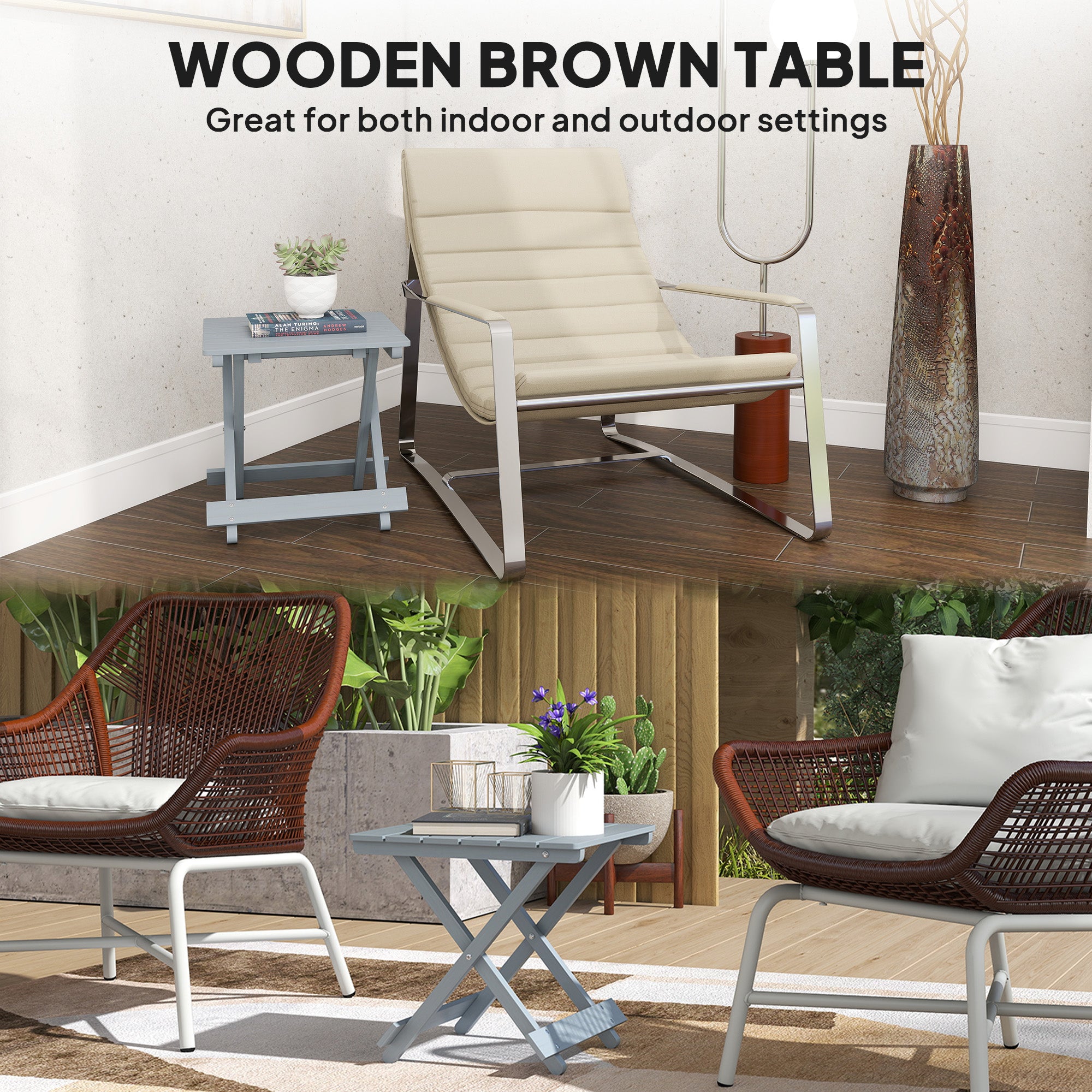 Outsunny Fir Wood Folding Coffee Table, Lightweight Small Garden Table with Slatted Top, Portable Folding Side Table for Balcony 