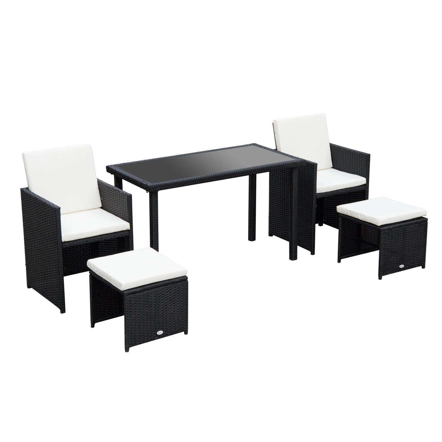 Outsunny 2 Seater Rattan Cube Garden Furniture Set, Rattan Dining Set with Cushions, Outdoor Dining Table and Chairs with 2 Armchairs, 2 Stools, Rectangular Glass Top Table for Patio, Balcony, Black 