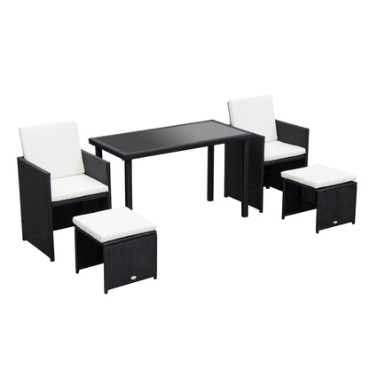 Outsunny 2 Seater Rattan Cube Garden Furniture Set, Rattan Dining Set with Cushions, Outdoor Dining Table and Chairs with 2 Armchairs, 2 Stools, Rectangular Glass Top Table for Patio, Balcony, Black 
