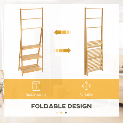 kleankin Freestanding Natural Bamboo Towel Rack with 3 Towel Rails and 3 Storage Shelves, Space-Saving Foldable Towel Holder for Bathroom 