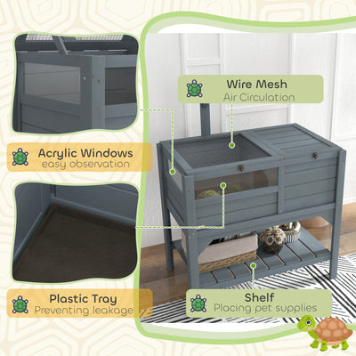 PawHut Wooden Tortoise House, with Shelter, Run, Shelf, Lamp Holder, Tray, Grey 