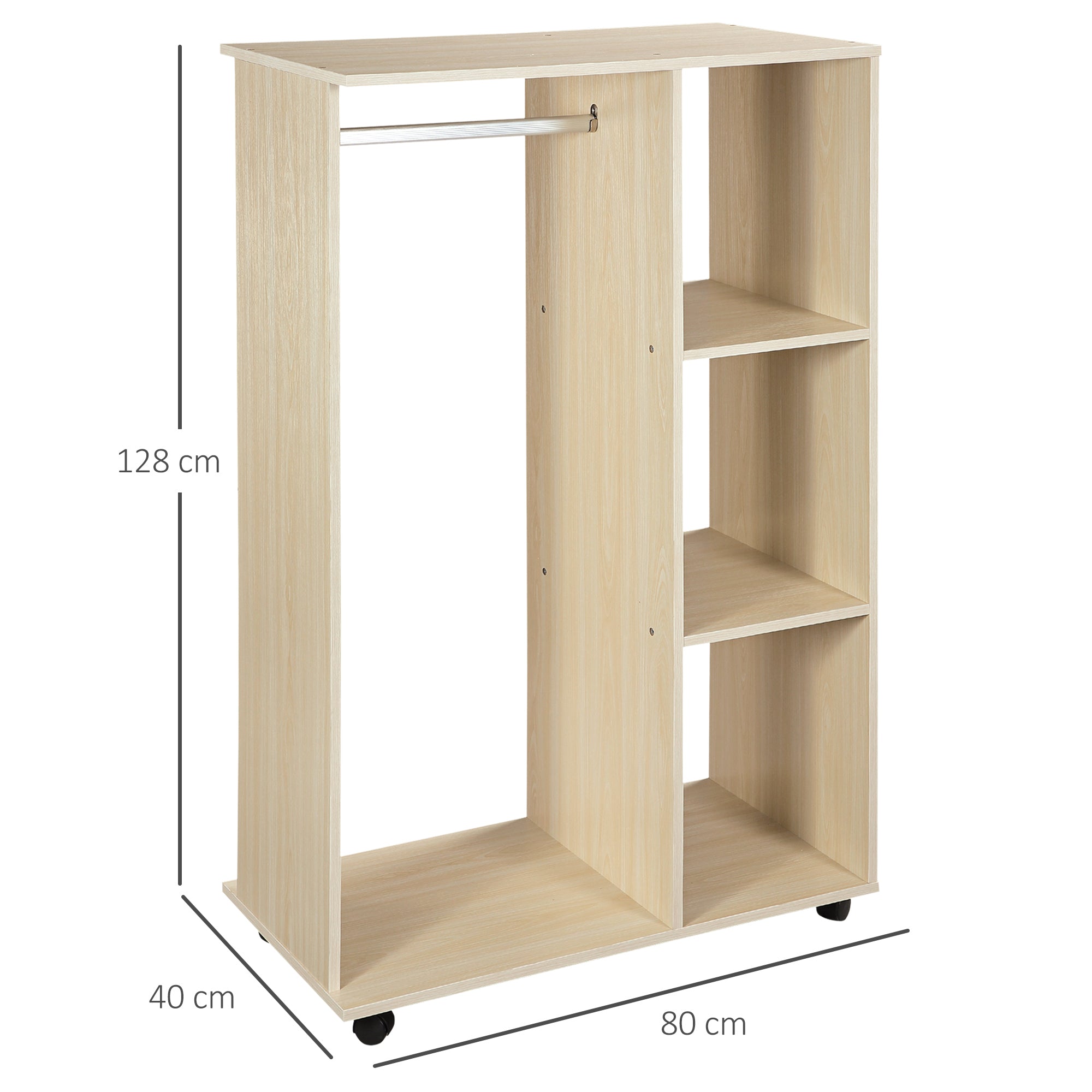 HOMCOM Open Wardrobe on Wheels, Bedroom Wardrobe with Clothes Hanging Rail, 3 Storage Shelves, Mobile Garment Rack for Cloakroom, Hallway, Maple Wood-Effect 