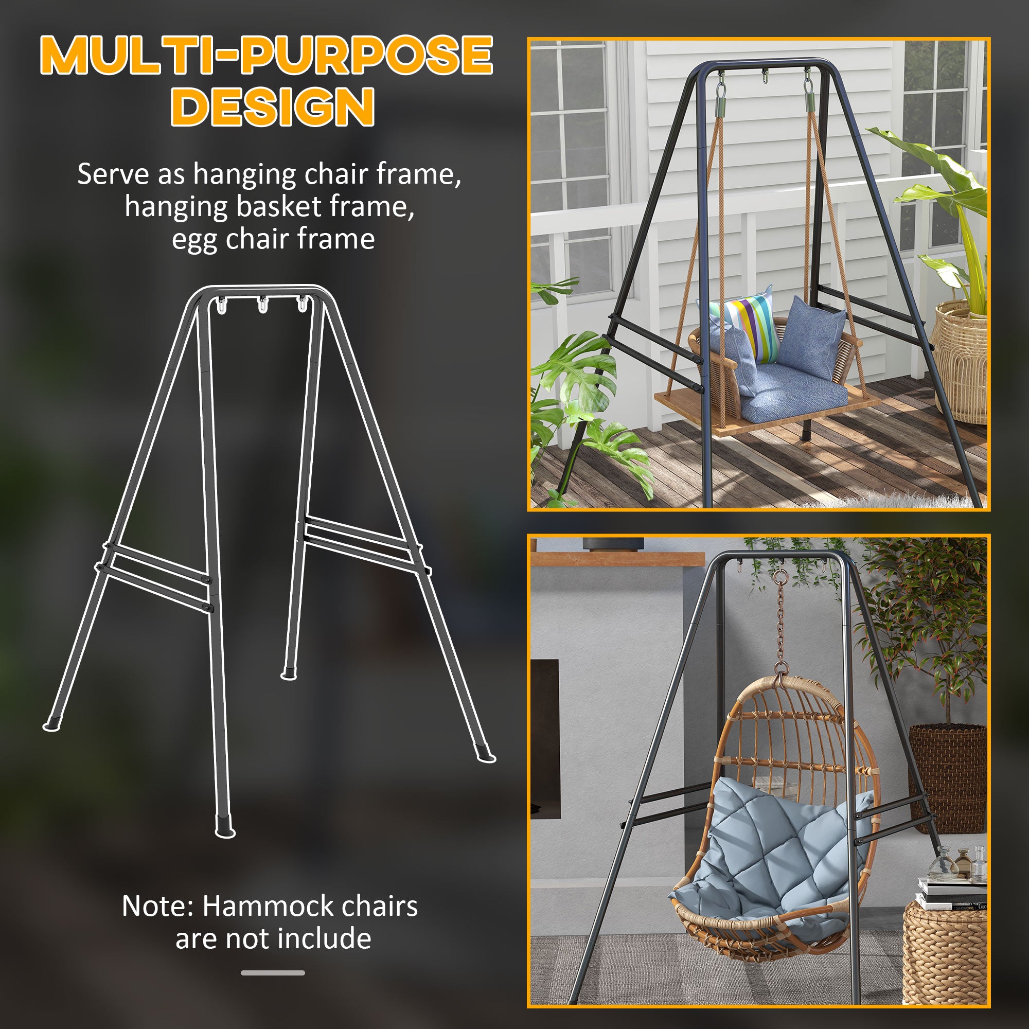 Outsunny Hammock Chair Stand, Hanging Heavy Duty Metal Frame Hammock Stand for Hanging Hammock Air Porch Swing Chair, Egg Chair, Black 