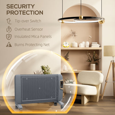 HOMCOM Mica Electric Space Heater, Portable Heater for Home with 2 Heat Settings, Living Room, Study, Garage, Adjustable Temperature 18-30\'c2\'b0C, 1000W/2000W, Grey 
