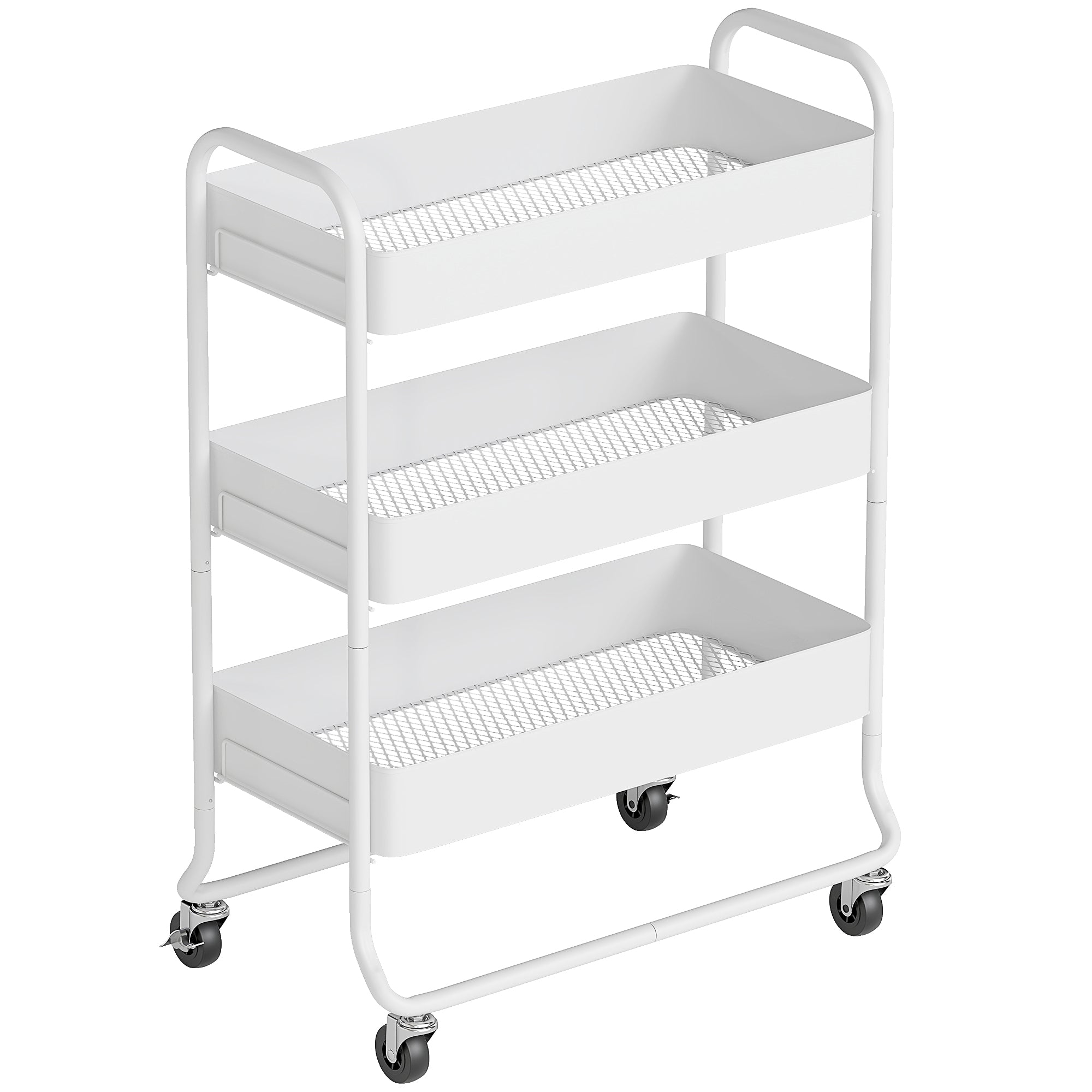 HOMCOM 3-Tier Storage Trolley on Wheels, Rolling Utility Cart with Mesh Backets for Kitchen, Bathroom, Bedroom, White 