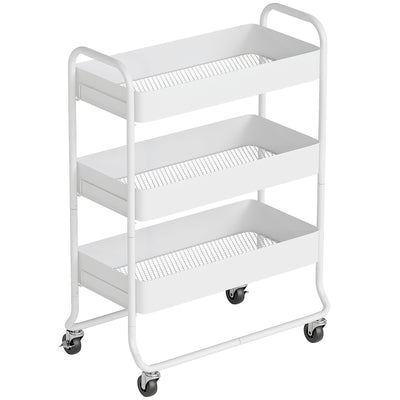 HOMCOM 3-Tier Storage Trolley on Wheels, Rolling Utility Cart with Mesh Backets for Kitchen, Bathroom, Bedroom, White 