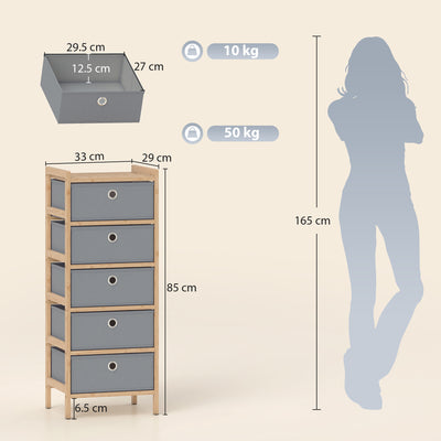 HOMCOM Chest of Drawers, 5 Fabric Drawers Narrow Dresser with Bamboo Frame, Light Grey 