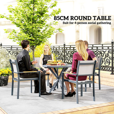 Outsunny Garden Table, 85cm Round Outdoor Dining Table with Steel Frame, Wood Effect Top, for Balcony, Deck, Dark Grey 