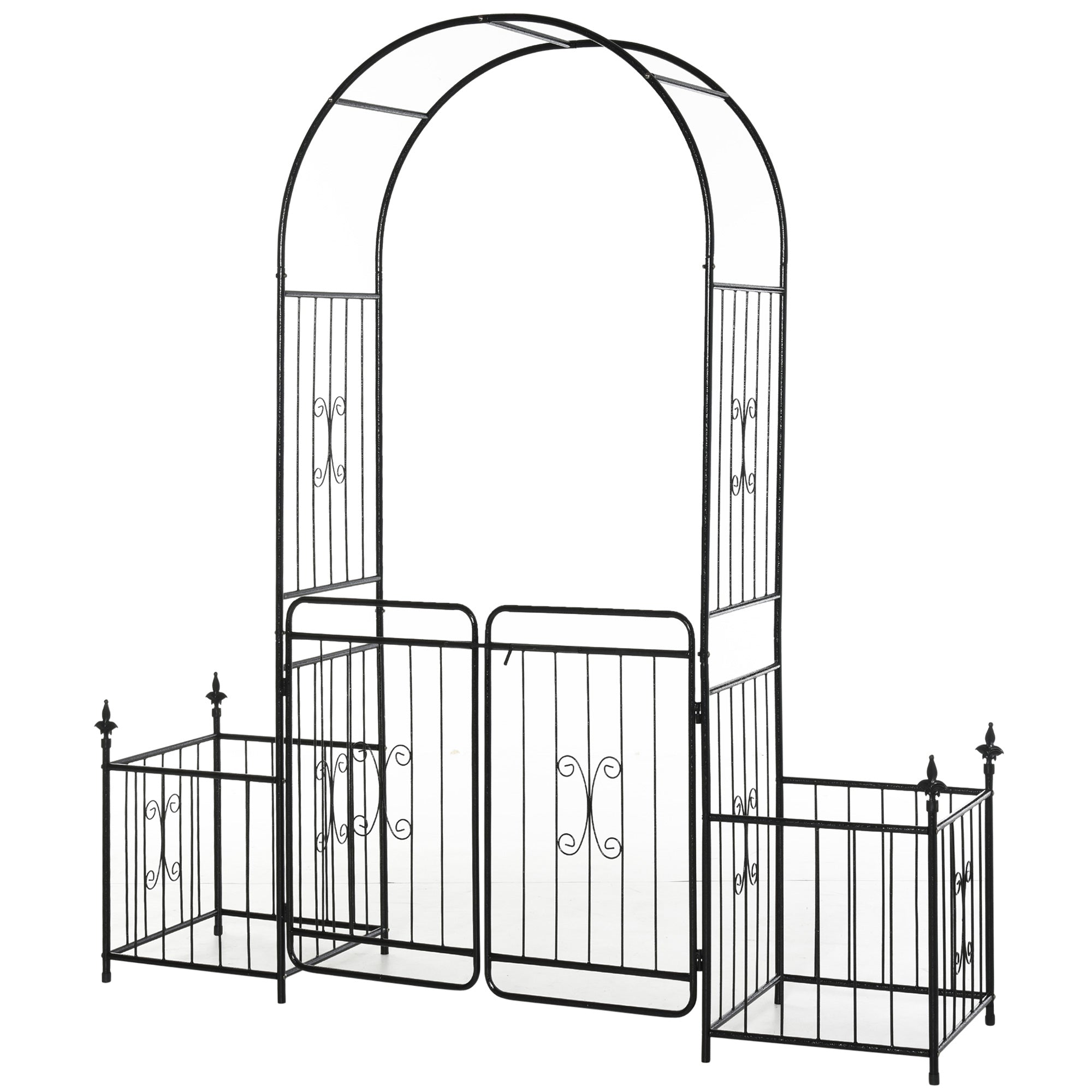 Outsunny Metal Garden Arbor Arch with Double Doors, 2 Side Planter Baskets, Climbing Vine Frame, Black 