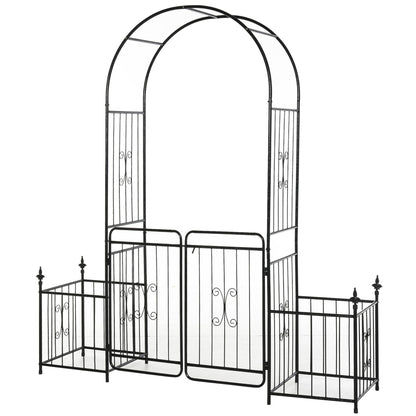 Outsunny Metal Garden Arbor Arch with Double Doors, 2 Side Planter Baskets, Climbing Vine Frame, Black 