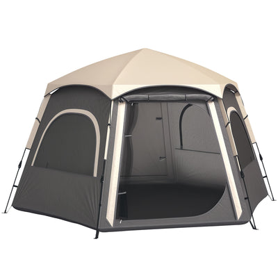 Outsunny Instant Camping Tent, 2/3/4 Person Easy Setup Family Tent with Vestibule, Rainfly, 4 Mesh Windows & 2 Doors, Hexagonal Design, Waterproof UV Protected Dome Tent, Dark Grey 