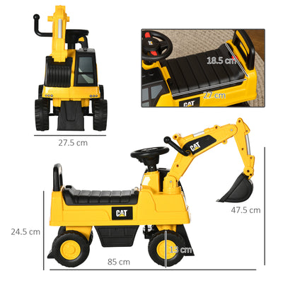HOMCOM CAT Licensed Kids Ride on Digger Toddler Pretend Construction Play Toy Foot-To-Floor Ride-On Toy w/ Manual Shovel, Horn, Hidden Storage, for Ages 1-3 Years 