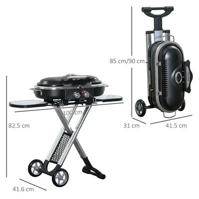 Outsunny Foldable Gas BBQ Grill 2 Burner Garden Barbecue Trolley w/ Lid Side Shelves Storage Pocket Piezo Ignition Thermometer, Aluminium Alloy 