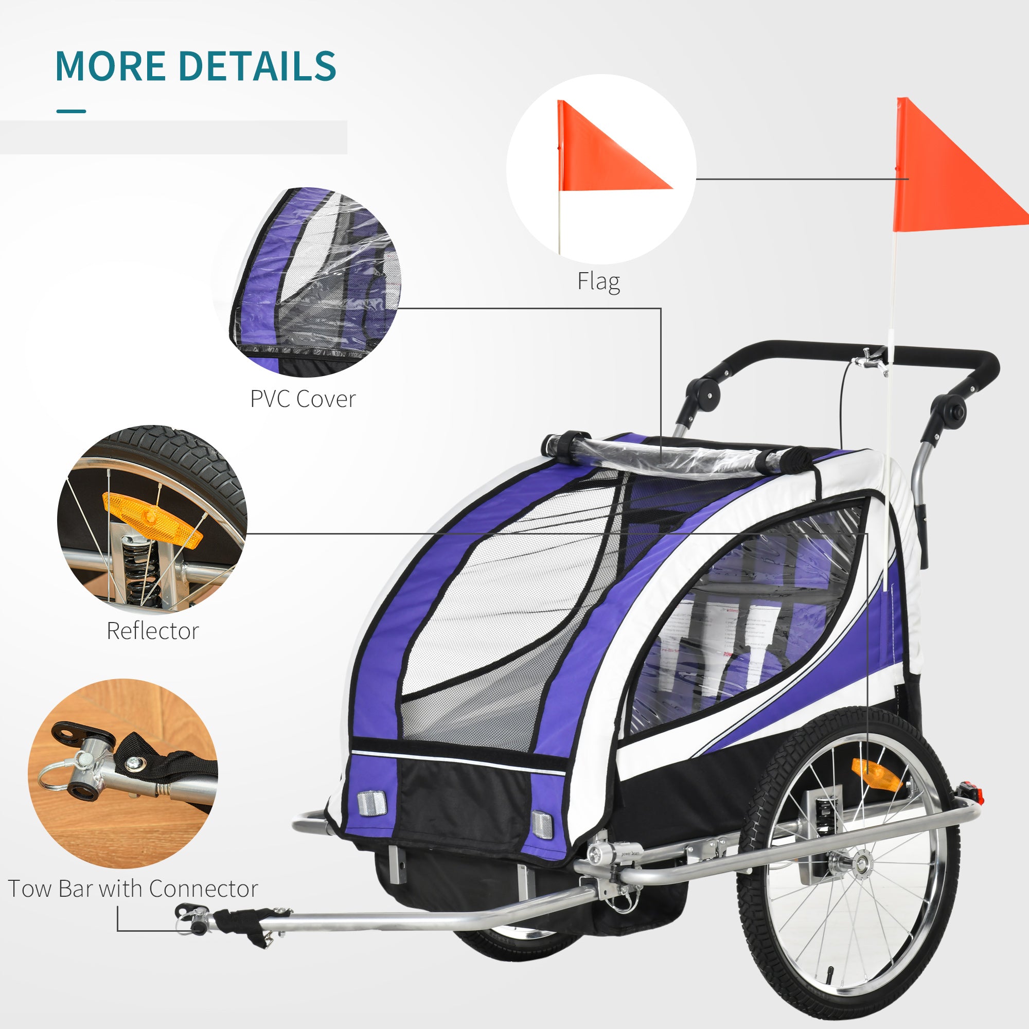 HOMCOM Baby Bike Trailer, Child Bicycle Trailer with 5 Point Harness, Steel Frame, Reflectors, Safety Flag, Hitch Coupler, Purple 
