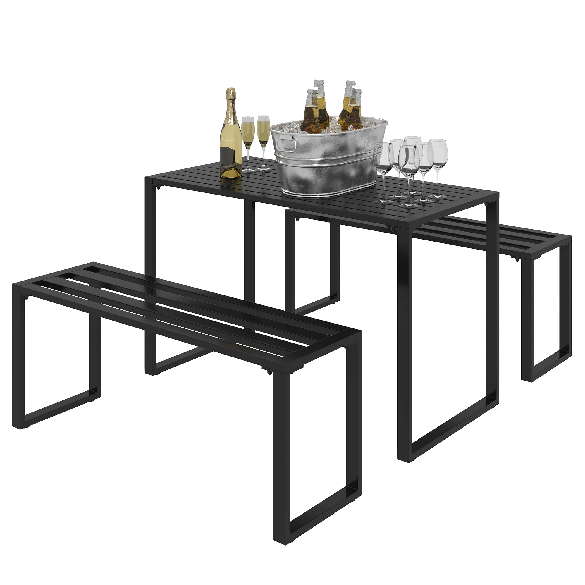 Outsunny 3 Pieces Picnic Bench Set with Table and 2 Benches, Slated Design Dining Trestle Beer Table and Seat, Black 