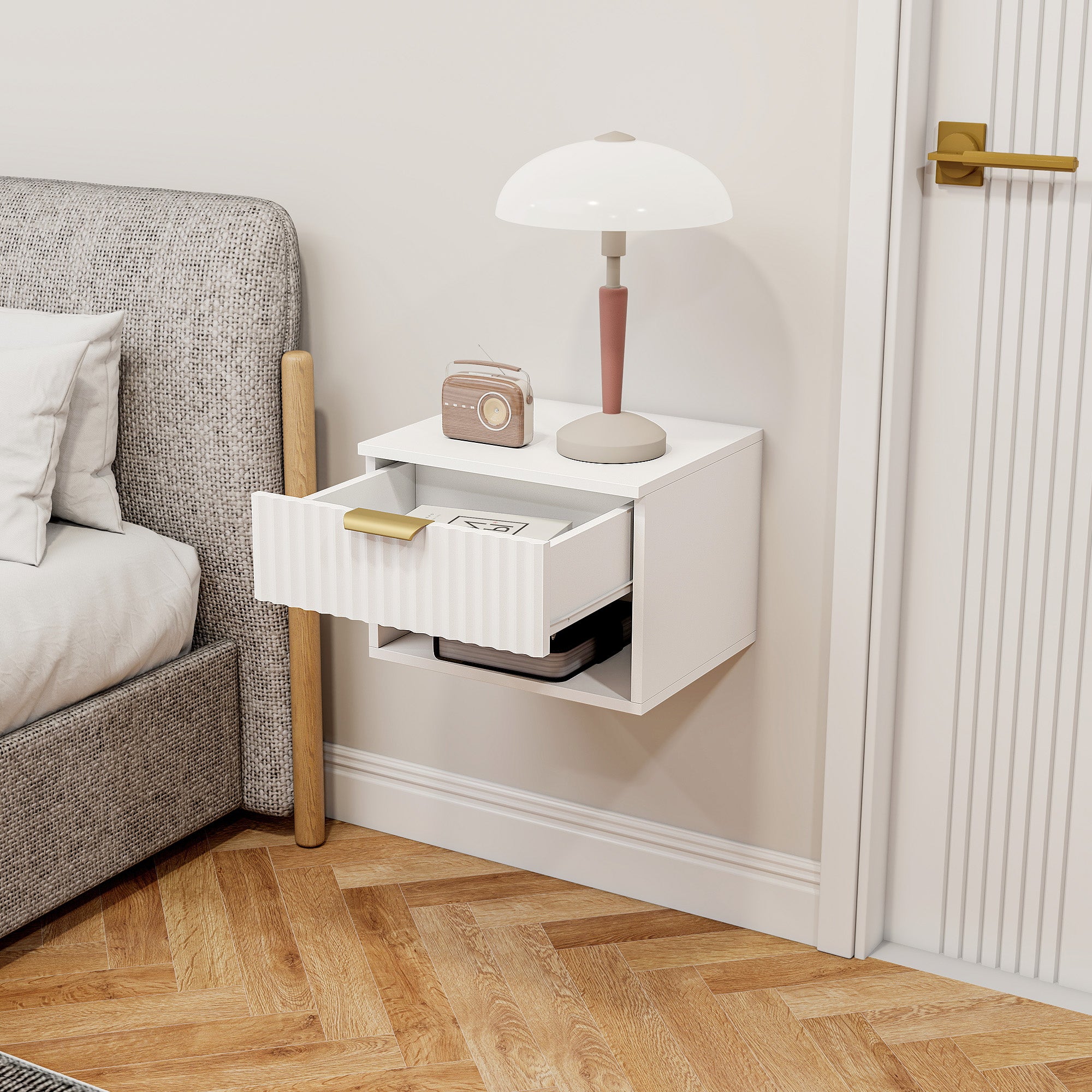 HOMCOM Floating Nightstands Set of 2, Modern Wall Mounted Bedside Tables with Fluted Drawer and Open Shelf for Bedroom, White 
