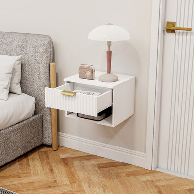 HOMCOM Floating Nightstands Set of 2, Modern Wall Mounted Bedside Tables with Fluted Drawer and Open Shelf for Bedroom, White 