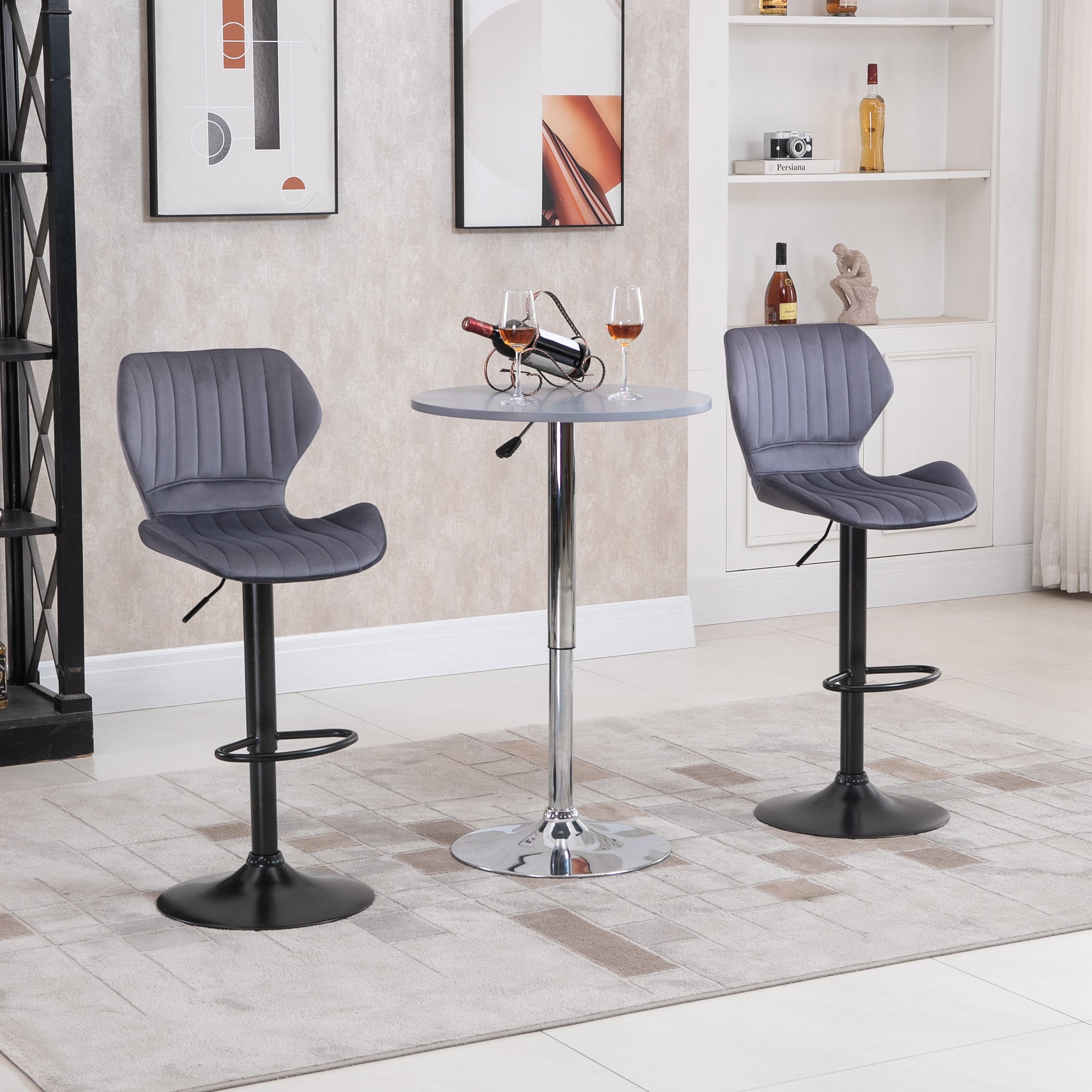 HOMCOM Bar Stool Set of 2 Velvet-Touch Fabric Adjustable Height Swivel Counter Chairs with Footrest, Grey 