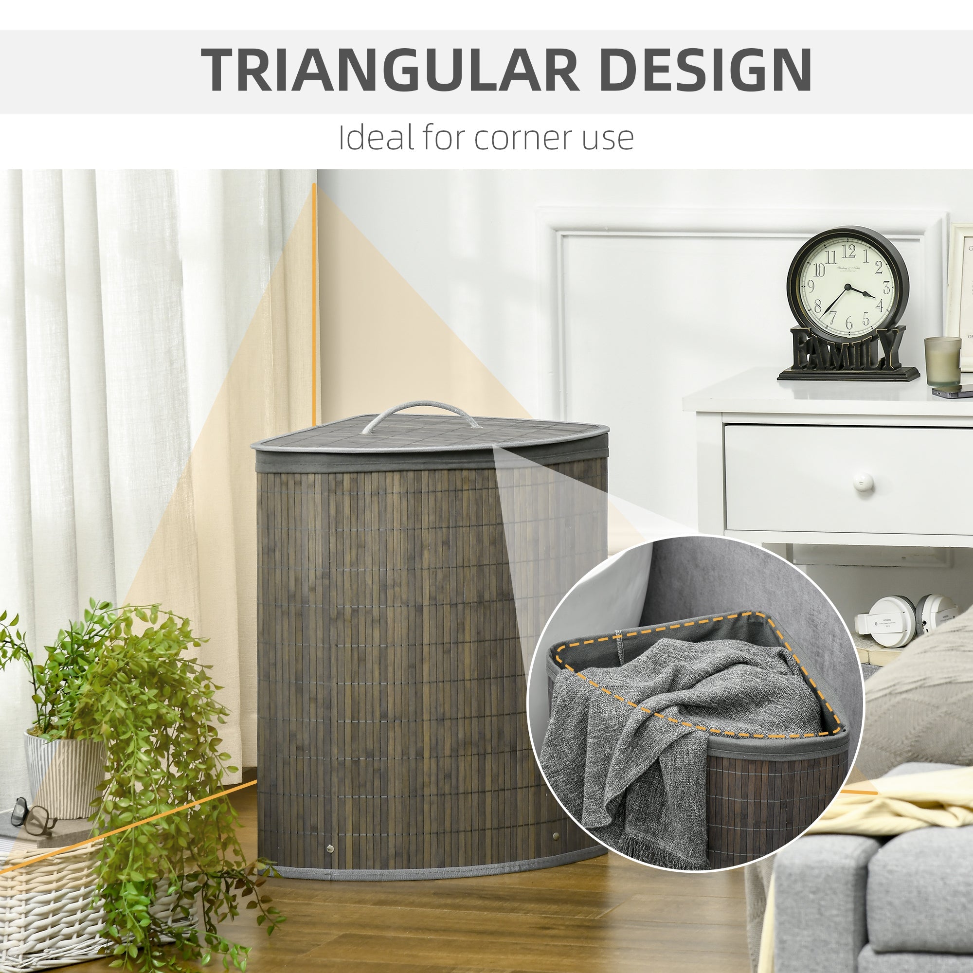 HOMCOM Bamboo Laundry Basket with Lid, 55 Litres Laundry Hamper with Removable Washable Lining,  Corner Washing Baskets, 38 x 38 x 57cm, Grey 