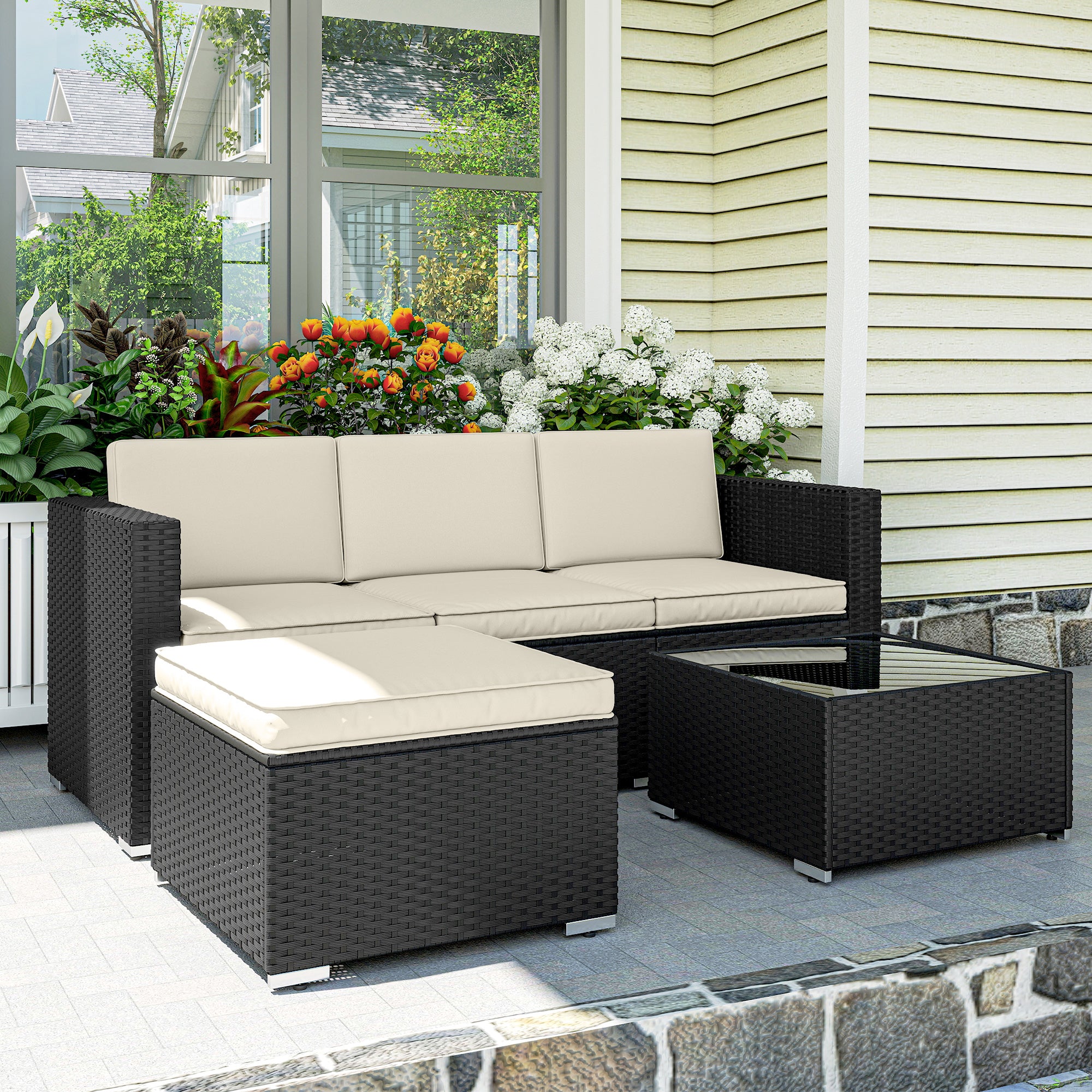 Outsunny 3 Pieces Garden Furniture Set w/ Cushions, PE Rattan Wicker Conversation Corner Sofa Set 
