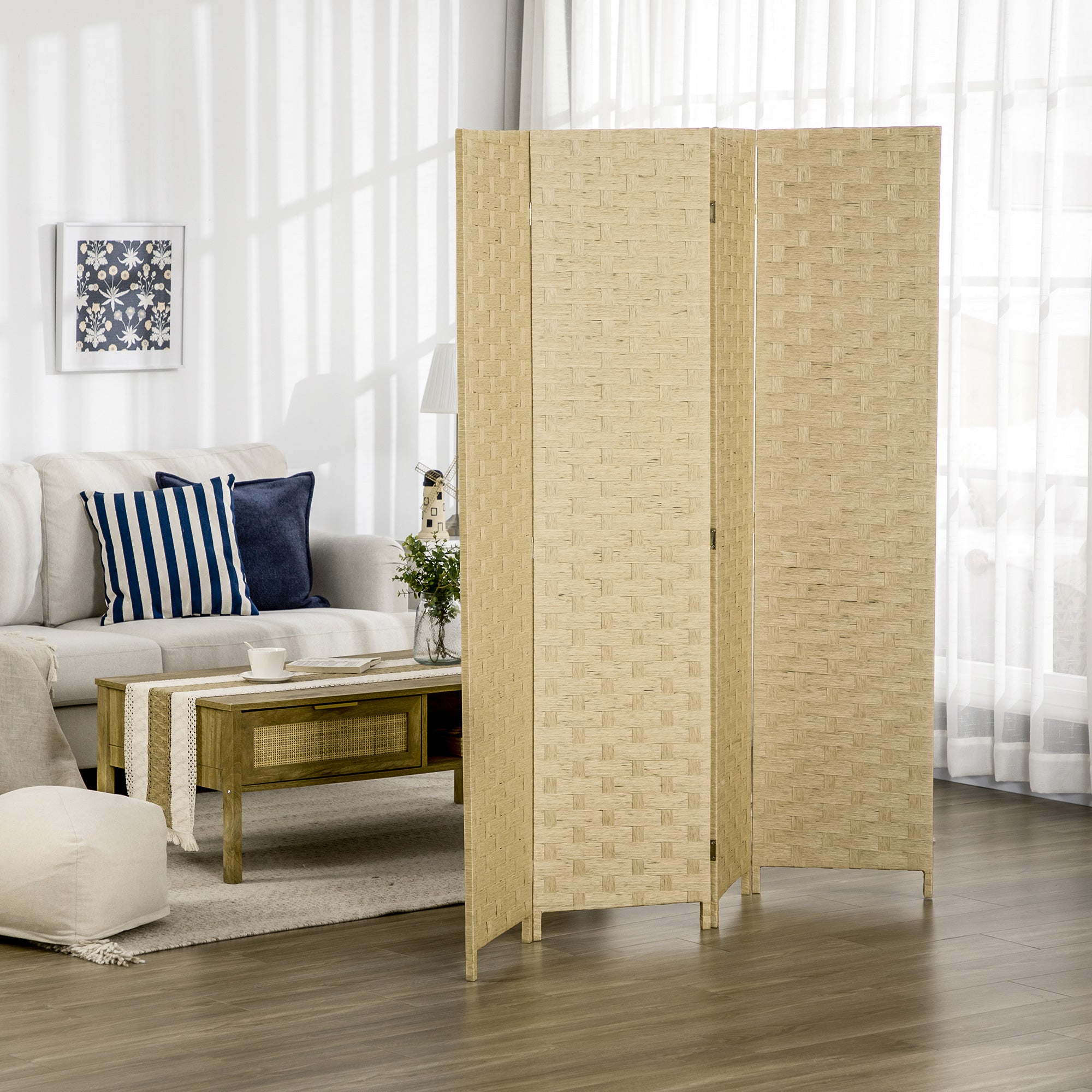 HOMCOM 4-Panel Room Dividers, Wave Fibre Freestanding Folding Privacy Screen Panels, Partition Wall Divider for Indoor Bedroom Office, 170\'c2\'a0cm, Brown