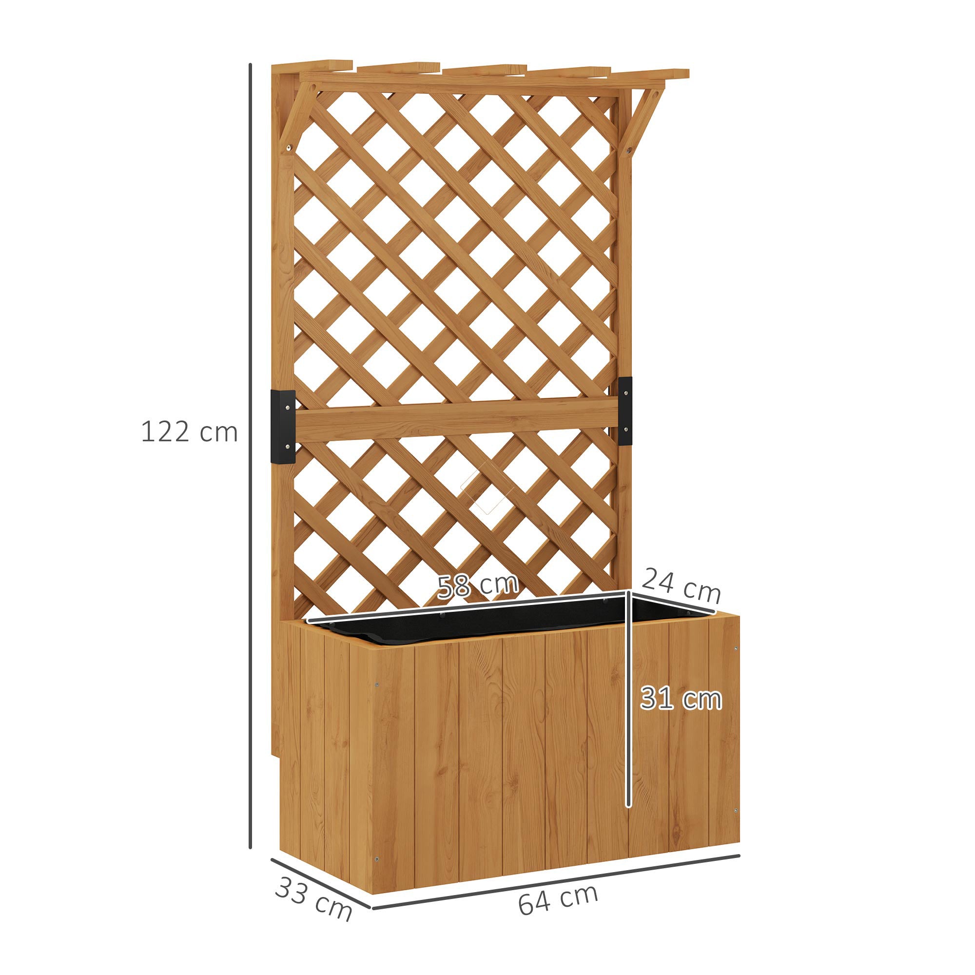 Outsunny Wooden Planter with Trellis, Freestanding Raised Garden Bed with Drainage Holes, Outdoor Planter Box with Liner for Vegetables, Herbs and Flowers, Natural 