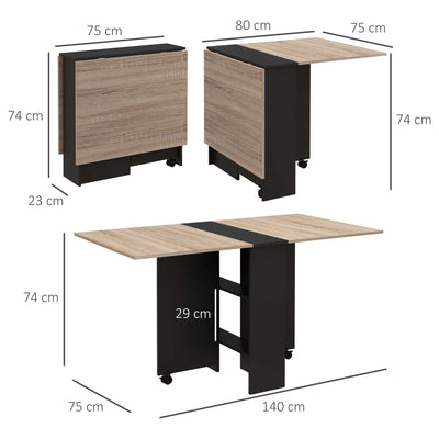 HOMCOM Folding Dining Table, Drop Leaf Table with 2-Tier Shelves, Rolling Casters, for Small Spaces, Kitchen, Oak and Black 