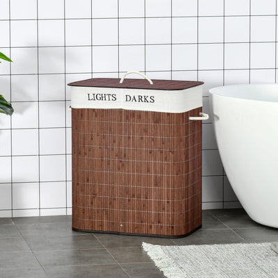 HOMCOM 100L Laundry Basket with Lid String Handles, 2 Section Collapsible Hamper Removable Lining Foldable Water-Resistant Dirty Clothes Storage, Brown 
