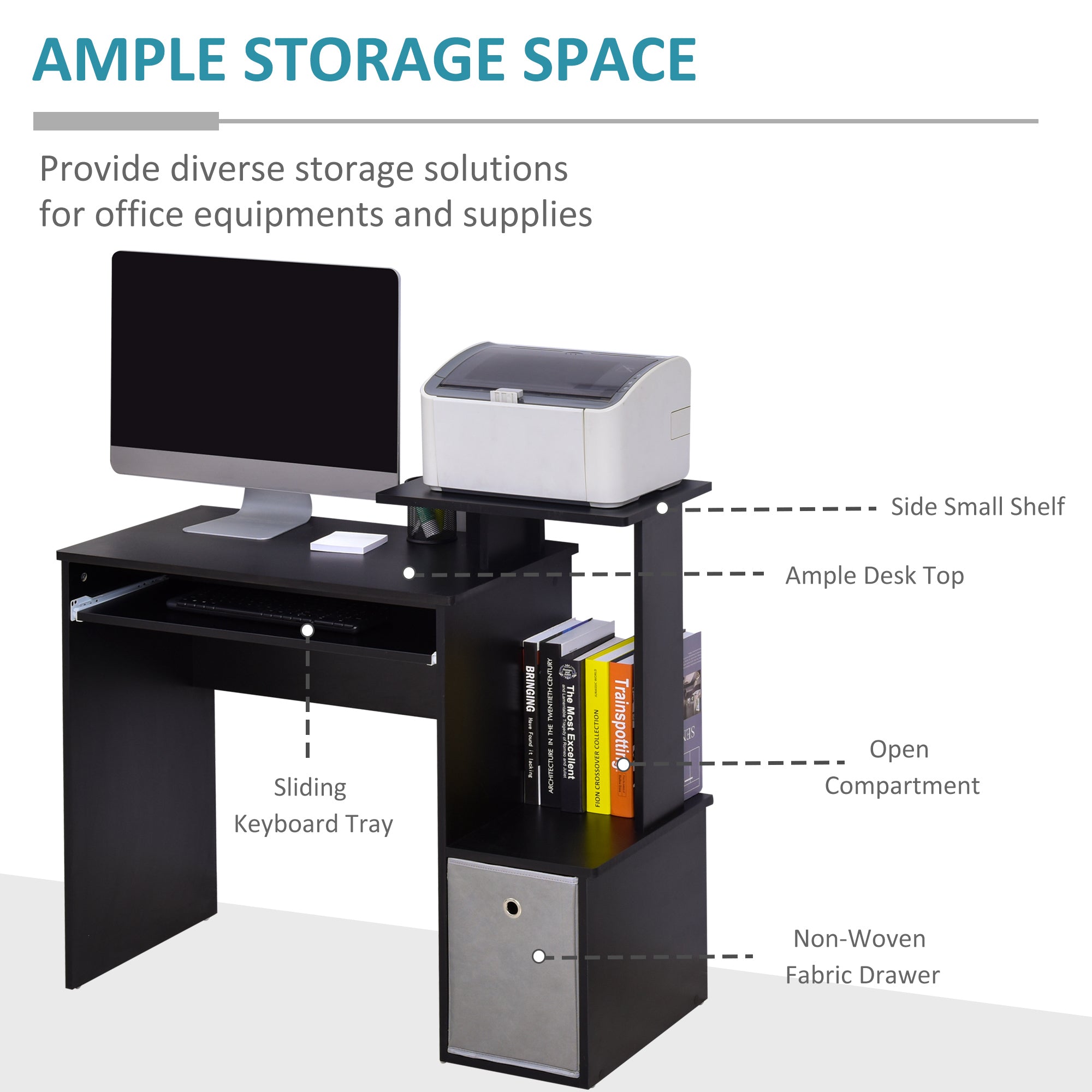 HOMCOM Computer Desk with Sliding Keyboard Tray Storage Drawer Shelf Home Office Workstation Black 