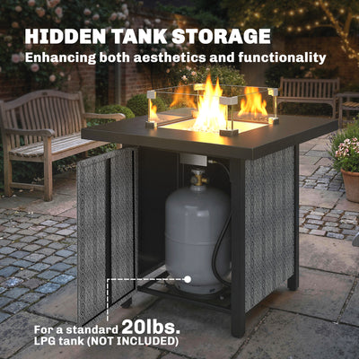 Outsunny Propane Gas Fire Pit Table for Garden, 11.7 KW Smokeless Firepit Outdoor Heater with Wind Guard, Glass Rocks, Lid, Black 