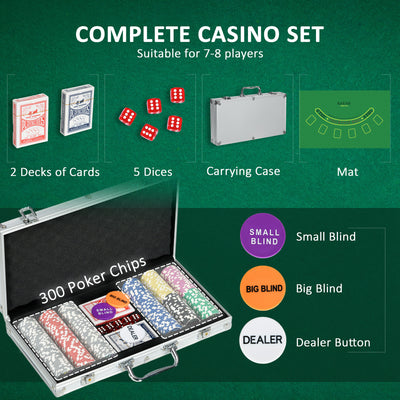 SPORTNOW 300-Piece Poker Chips Set, Poker Set with Mat, Chips, Two Card Decks, Dealer, Five Dices 