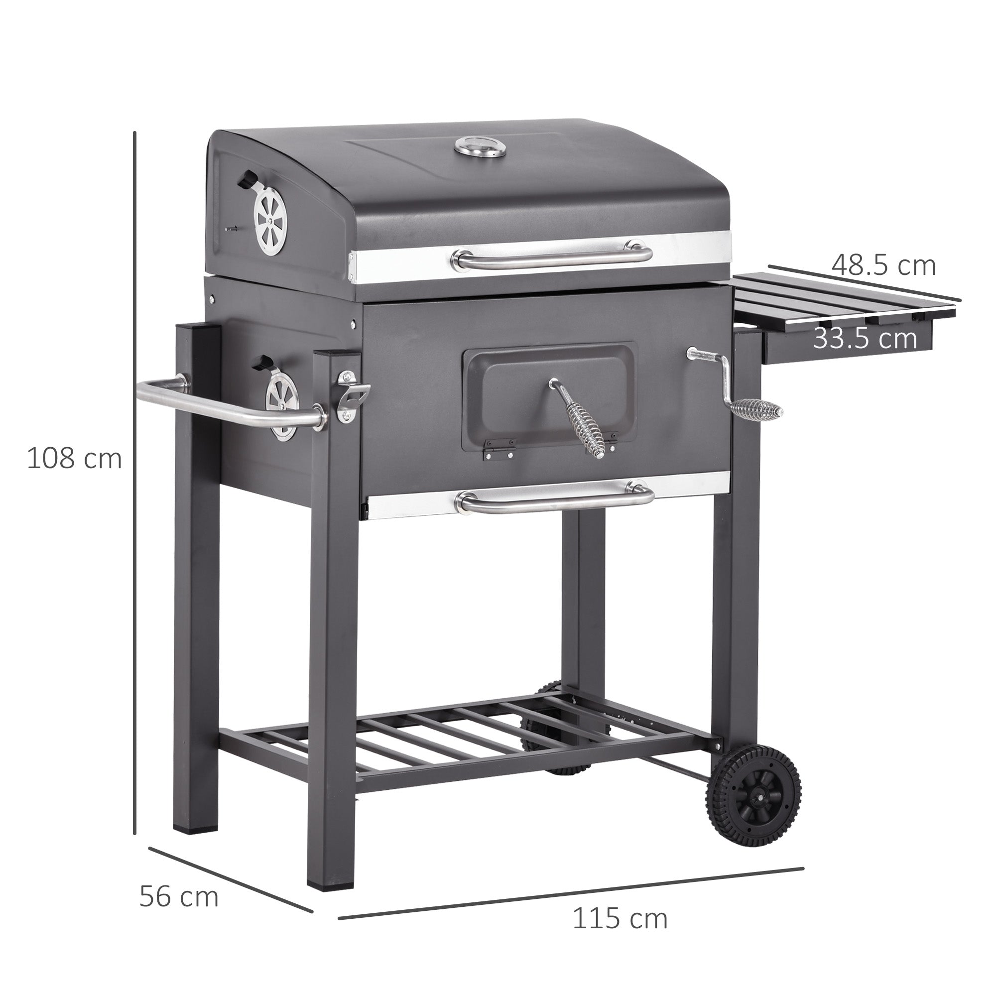 Outsunny Charcoal Grill BBQ Trolley with Adjustable Charcoal Grate, Garden Metal Smoker Barbecue with Shelf, Side Table, Wheels, Built-in Thermometer, Bottle Opener 