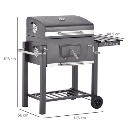 Outsunny Charcoal Grill BBQ Trolley with Adjustable Charcoal Grate, Garden Metal Smoker Barbecue with Shelf, Side Table, Wheels, Built-in Thermometer, Bottle Opener 