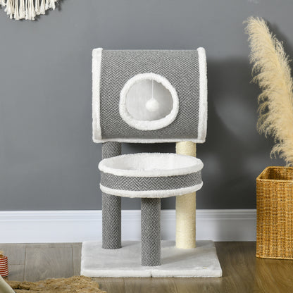 PawHut Cat Tree for Indoor Cats, with Scratching Post, Bed, Tunnel, Toy Ball, 48 x 48 x 73cm - White 