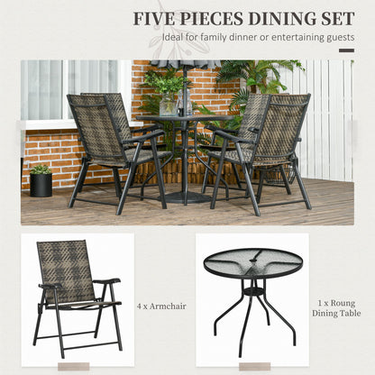 Outsunny 4 Seater Rattan Dining Set, Rattan Garden Furniture Set with Parasol Hole, Outdoor Dining Table and Chairs with 4 Armchairs, Round Glass Top Table for Patio, Balcony, Mixed Grey 