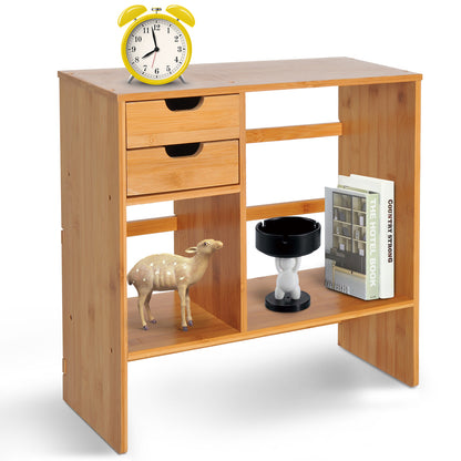 HOMCOM Desk Organiser Compartments Desktop Bookshelf Stationery Storage Shelf Document File Holder with 2 Drawers 2-way Reversed Use Bamboo 