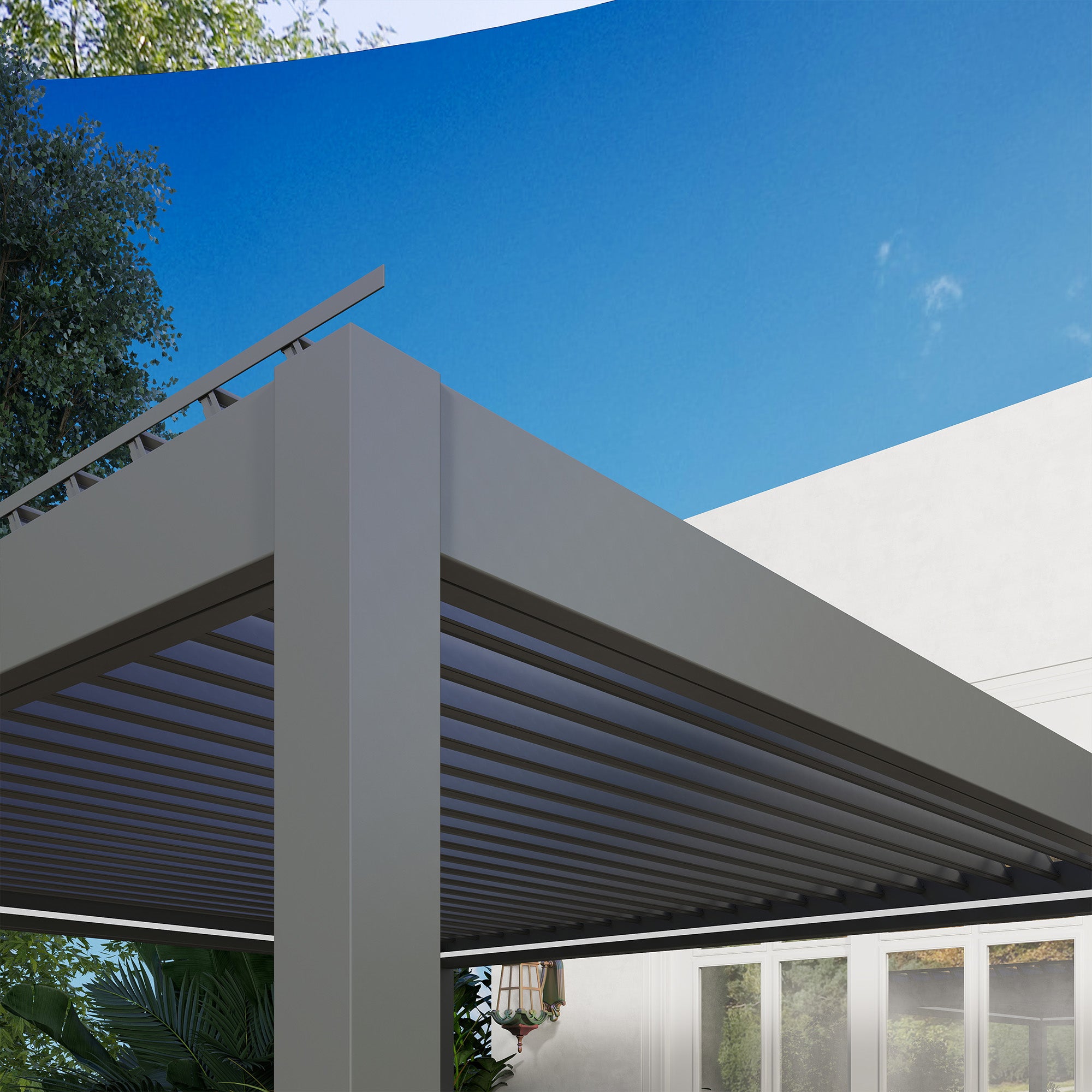 Outsunny 3 x 3(m) Electric Louvered Pergola with LED Lights, Aluminium Pergola Hardtop Gazebo with Remote, Adjustable Roof and Drainage System, Water and UV Proof