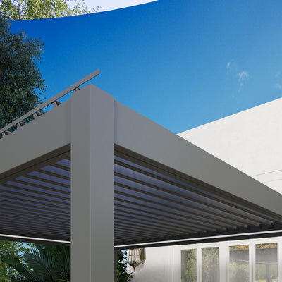 Outsunny 3 x 3(m) Electric Louvered Pergola with LED Lights, Aluminium Pergola Hardtop Gazebo with Remote, Adjustable Roof and Drainage System, Water and UV Proof 