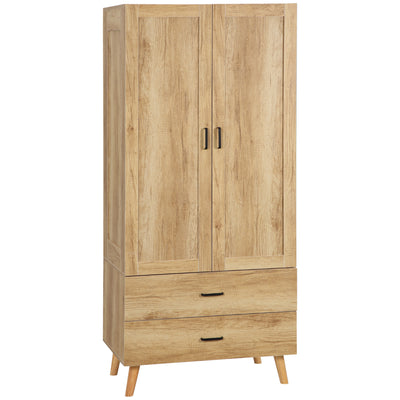 HOMCOM 2 Door Wardrobe, Modern Wardrobe with 2 Drawer and Hanging Rail for Bedroom, Natural 