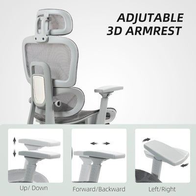 HOMCOM Executive Office Chair, Ergonomic Mesh High Back Desk Chair with Lumbar Support, Reclining Function, Swivel Computer Chair with 3D Armrest, Headrest, Footrest, Grey 
