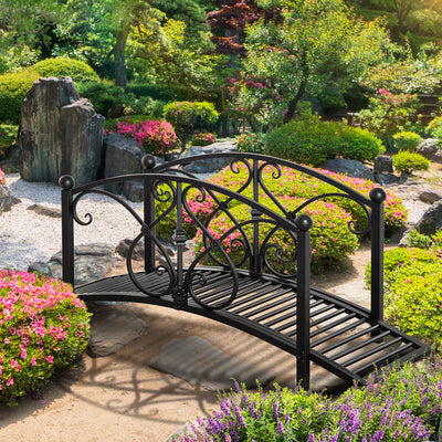 Outsunny 102L x 48W x 49H Classic Metal Garden Bridge with Safety Railings Arc Footbridge Decorative Pond Bridge for Backyard Creek Stream, Black 