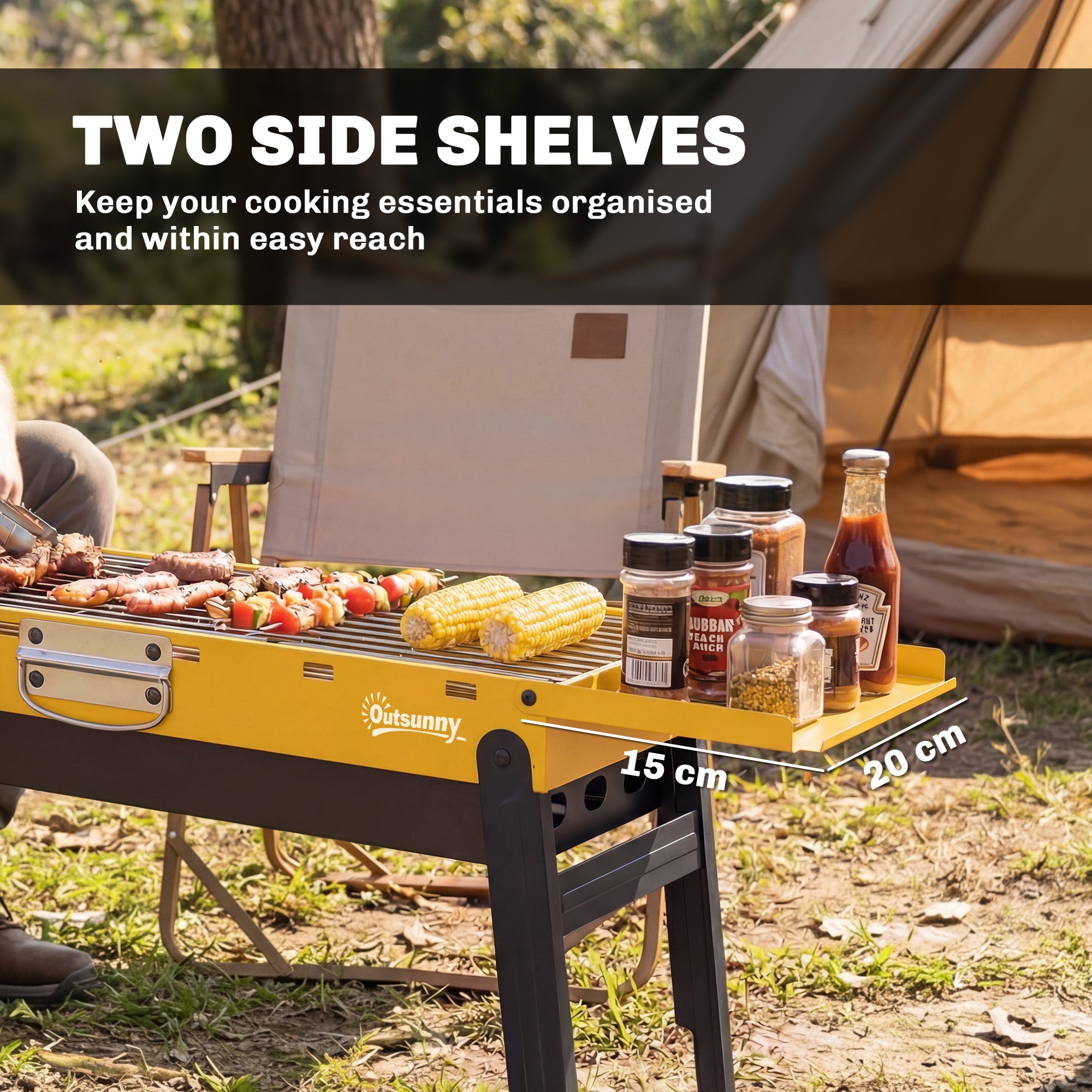 Outsunny Portable BBQ Grill, Foldable Charcoal Grill for Camping and Picnics with 2 Side Shelves and Handle, Yellow 