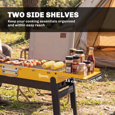 Outsunny Portable BBQ Grill, Foldable Charcoal Grill for Camping and Picnics with 2 Side Shelves and Handle, Yellow 
