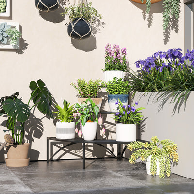 Outsunny Three-Tier Corner Metal Plants Shelves - Black 
