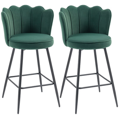 HOMCOM Set of Two Velvet-Feel Lotus Bar Stools - Dark Green 