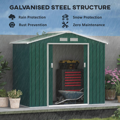 Outsunny 7 x 4ft Metal Garden Shed, Outdoor Storage Tool House with Ventilation Slots, Foundation Kit and Lockable Double Doors, Green 