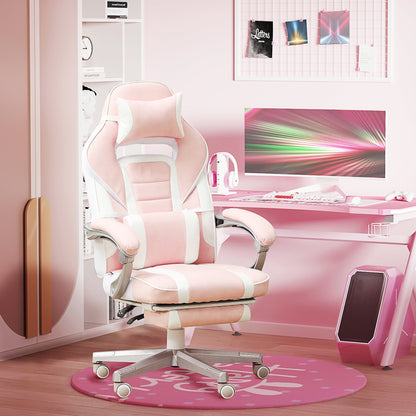 HOMCOM Faux Leather Reclining Gaming Chair, with Footrest - Pink/White 