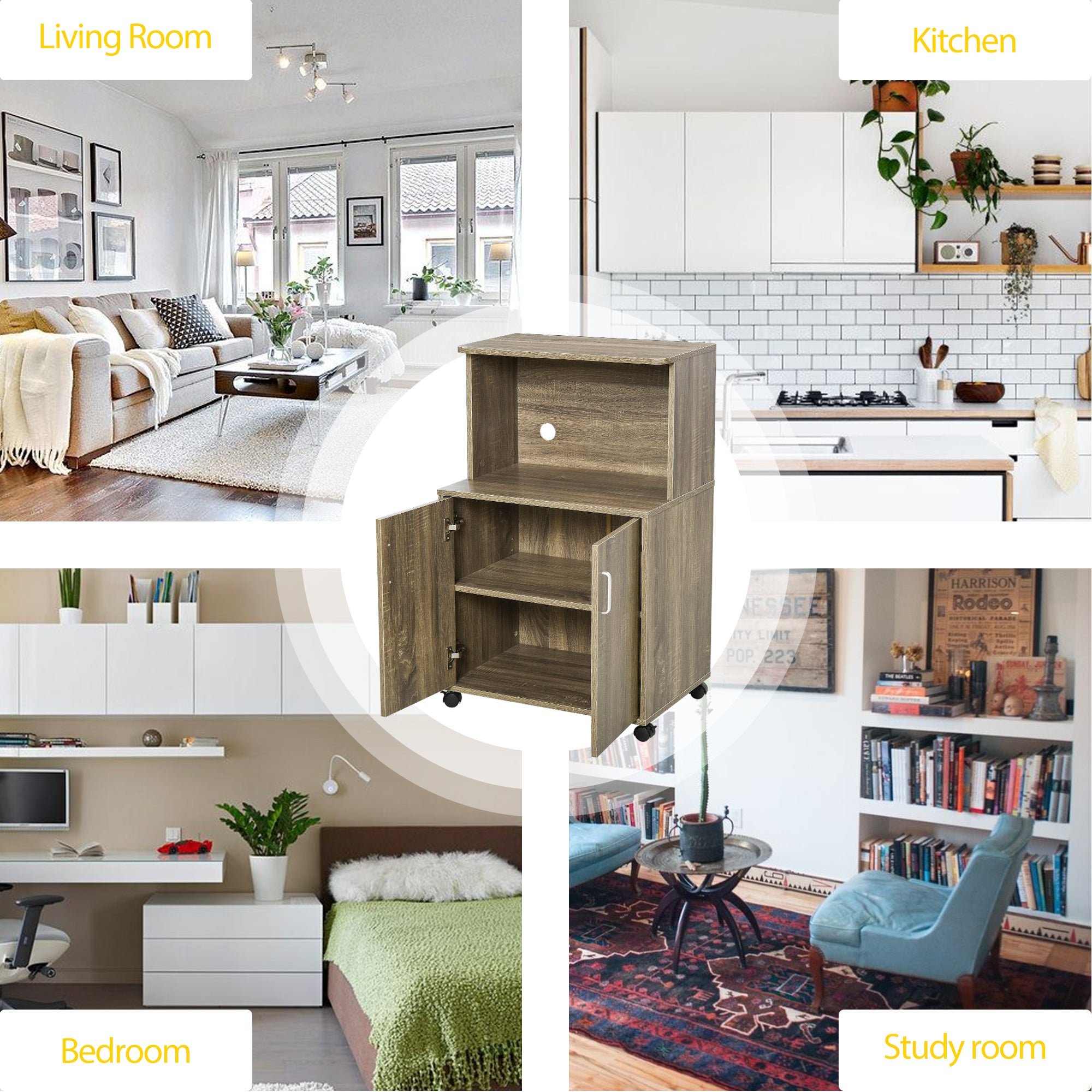 HOMCOM Kitchen Storage Unit, Modern Microwave Stand Trolley Cart, Sideboard with Cabinet,  Locking Wheels, Shelf for Living Room, Dining Room, Oak Tone 